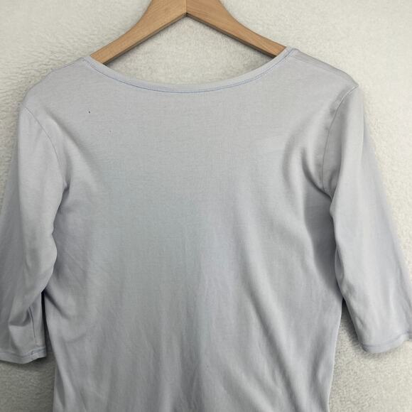 EILEEN FISHER Top L Organic Cotton Ribbed Jersey V-Neck Elbow Sleeve Light Blue - Picture 4 of 13